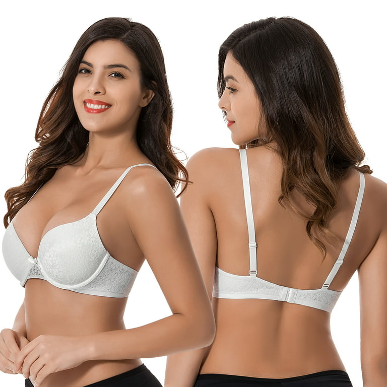 Curve Muse Women's Lightly Padded Underwire Lace Bra with Padded Shoulder  Straps-2PK-BLACK IRIS,CREAM-40DD 