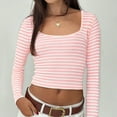 thumbnail image 4 of Women's Y2K Cropped Slim Fit U-Neck Long Sleeve Knit T-Shirt, Two Tone Striped Design Stretchy Comfortable Top for Casual Wear, Daily Outfits and Retro Fashion Style Pink M, 4 of 7