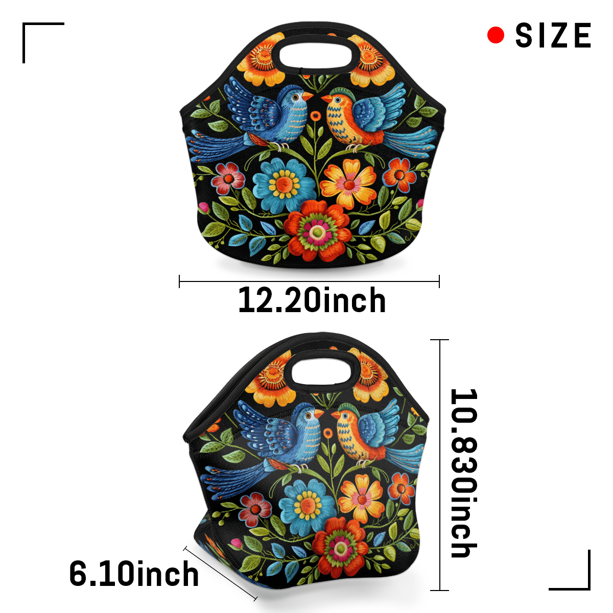 Herdesigns Floral Bird Neoprene Lunch Bag, Vintage Boho Floral Insulated Lunch Box for Women Men Washable Lunch Tote Soft Lunch Container With Zipper for Work Picnic Travel