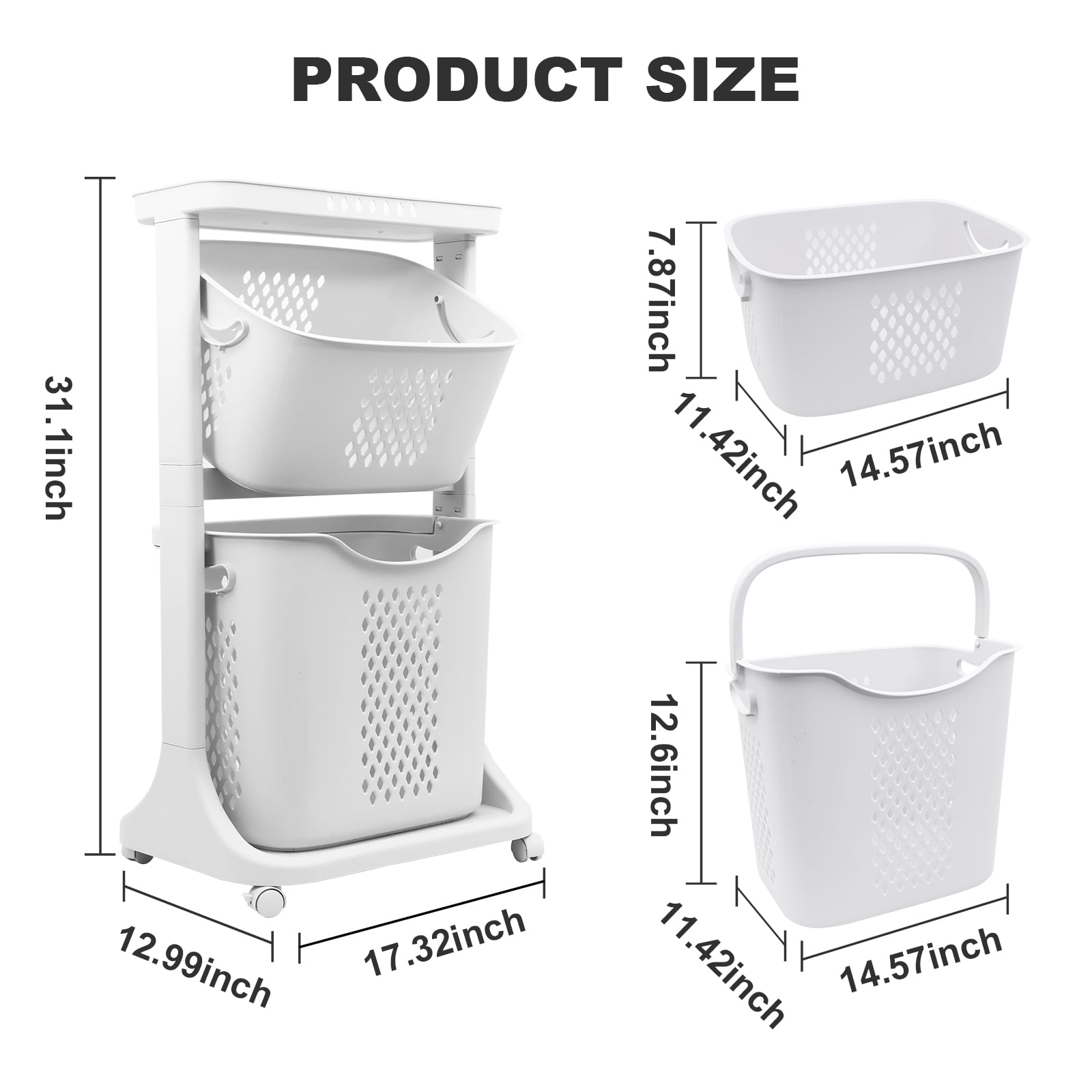 2-Tier Laundry Hamper Basket Sorter Bathroom Organizer with Wheels Movable Clothes Storage Basket Bathroom Shelf 360-Degree Rolling Cart, 17"×13"×31"