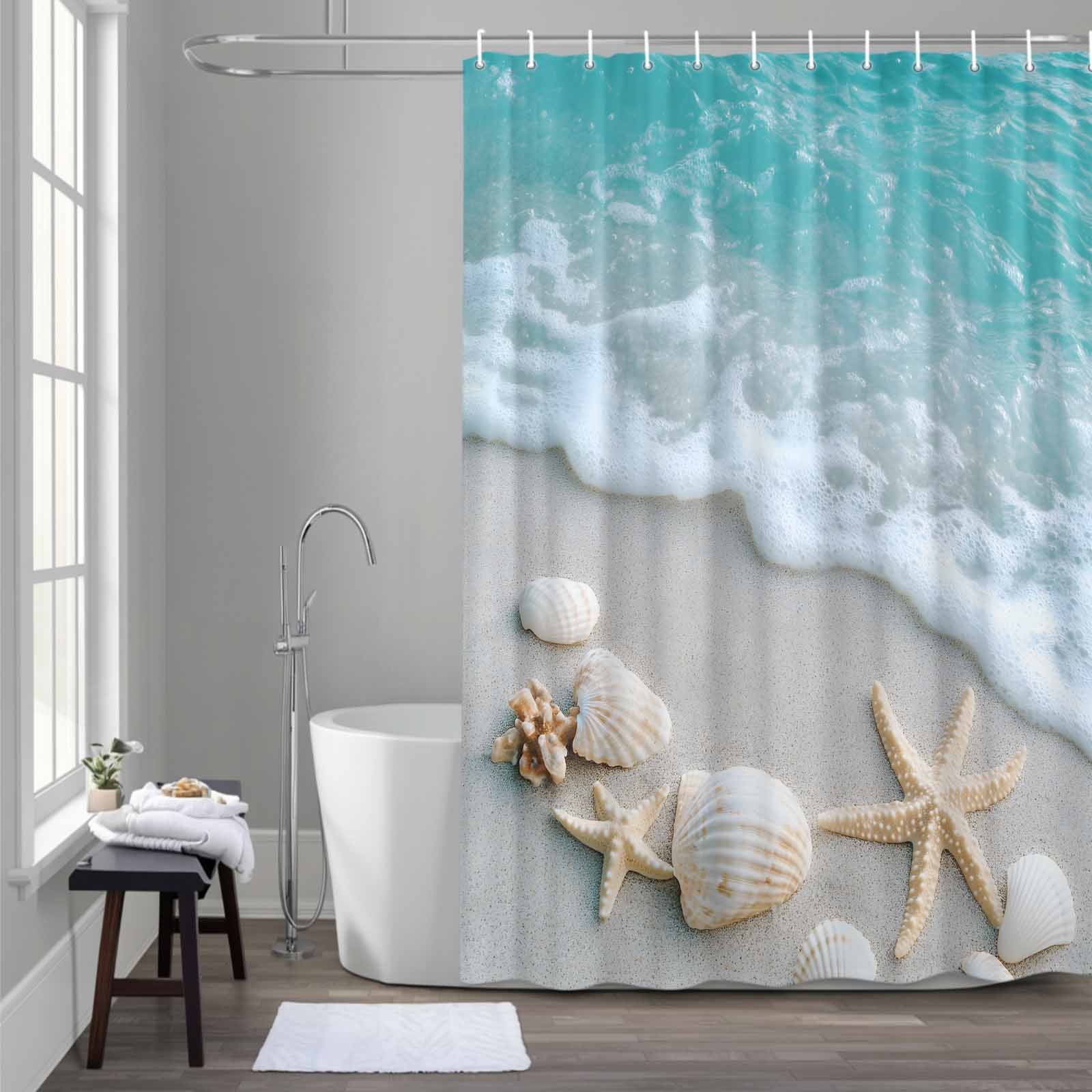 Teal Beige Shower Curtains for Bathroom, Beach Starfish Seashell Sand Sea Waves Scenery Washable Fabric Shower Curtain with Hooks Waterproof Bathroom Decor Sets, 36 x 72 Inches