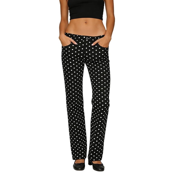 AHTJRT Women's Skinny Jeans Mid Rise Polka Dots Print Streetwear Pants Midweight Slim Fitted Pull-On Danc Disco Clubwear Denim Pants Black L
