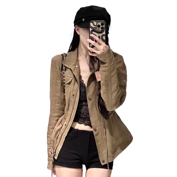 Women's Winter Linen Coffee Coat with Standing Collar and Drawstring Waist Closure