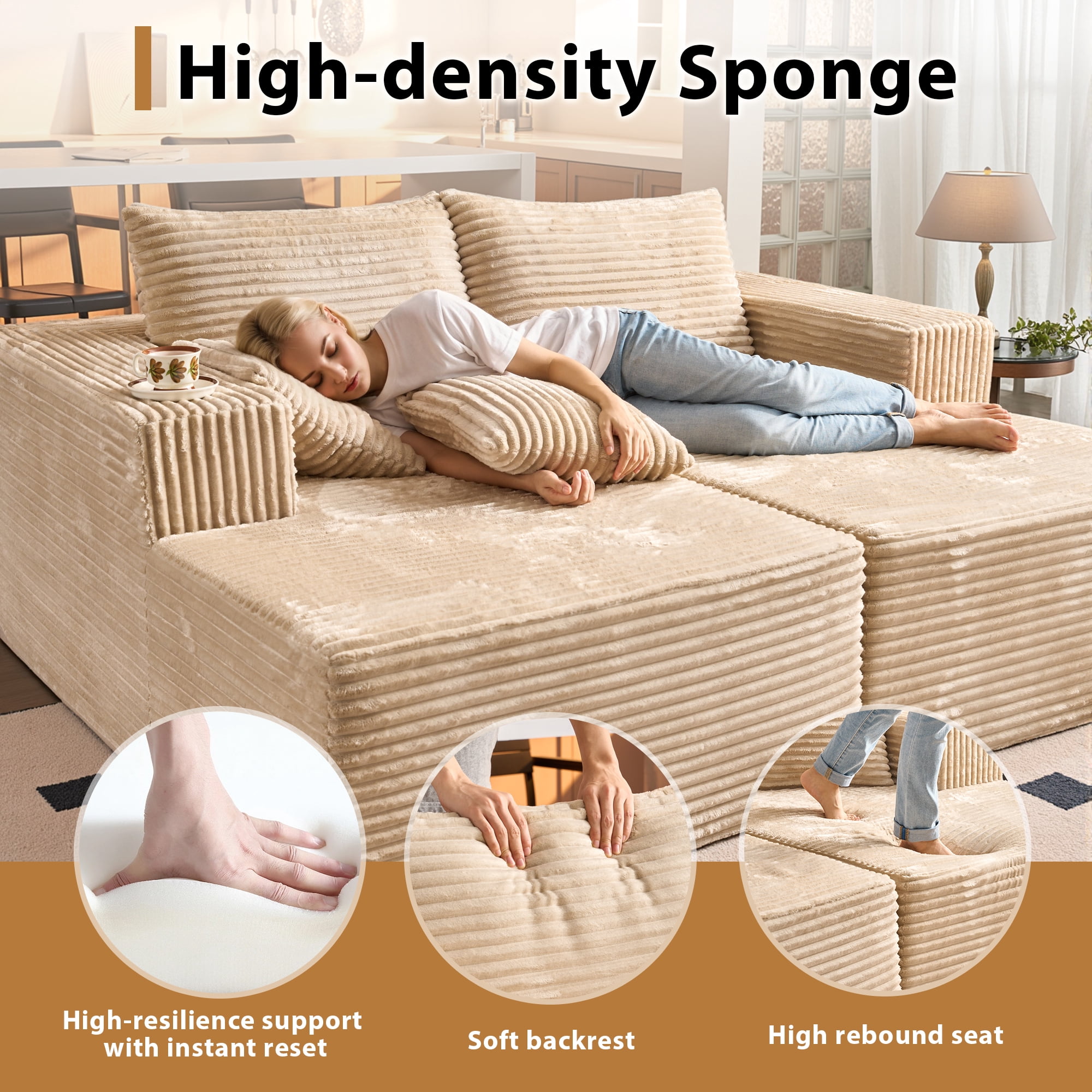 Vcatnet 75"x62" Modular Sectional Sofa Couch Plush Corduroy Chaise Lounge Loveseat Sofa Bed Oversized Upholstered Sleeper Sofa for Living Room and Bedroom, Beige