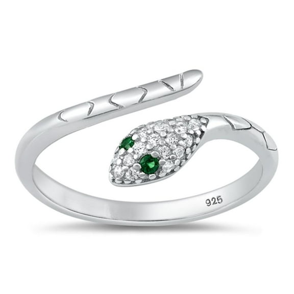 Simulated Emerald & Clear CZ Adjustable Snake Ring 925 Sterling Silver Band Green Female Size 9