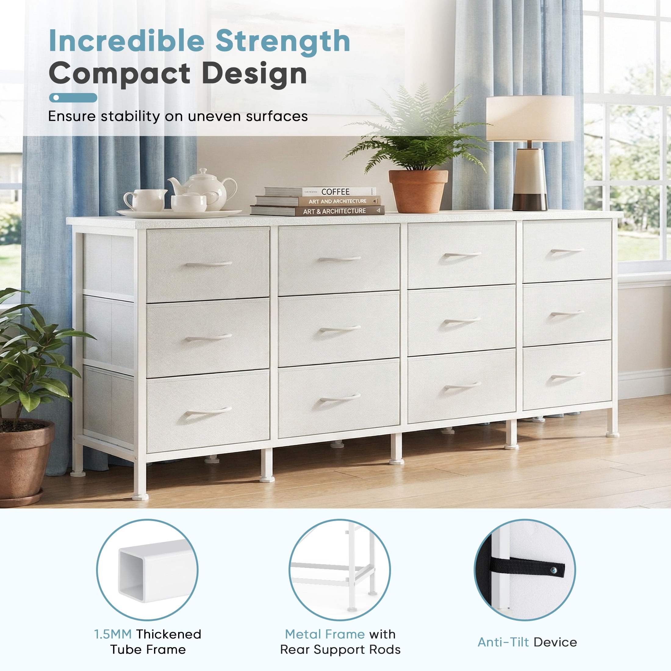 CONCETTA 12 Drawer Storage TV Dresser, Metal Frames Resist Deformation, Adjustable Feet Prevent Tipping, Accommodates TV Up to 80 inch, Suitable for Living Room, White
