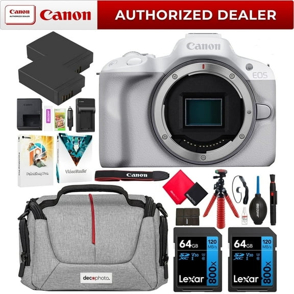 Canon EOS R50 Mirrorless APS-C Interchangeable Lens Camera Body White 5812C002 Bundle with Deco Gear Photography Bag   2 x Battery   2 x 64GB Memory Cards   Accessories Kit