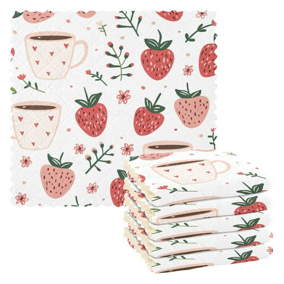 Cute Strawberry Tea Kitchen Towels 6 Pcs Dish Towels Absorbent Soft Quick Dry Towel Dish Rags for Washing Dishes