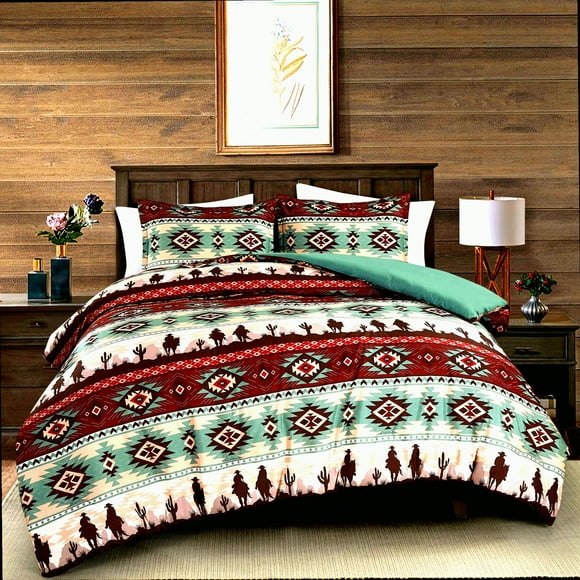 Ensemble de Couette Taille Complète Ranch Rustique - Literie en Microfibre Marron Beige Rouge - Ensemble Lavé 3 Pcs Cowboys du Sud-Ouest