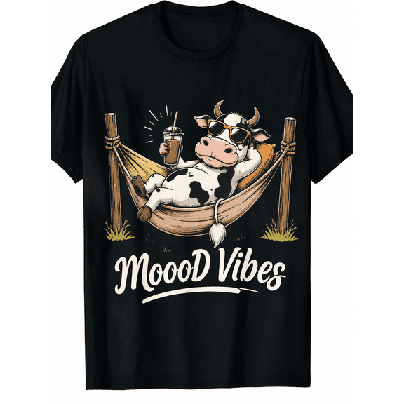 Women's Cute Cow Graphic T Shirt, Funny Relaxing Cow Hammock Print Short Sleeve Crew Neck Casual Summer Top