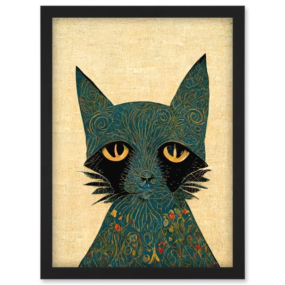 William Morris Style Floral Blue Cat Artwork Framed Wall Art Print A4