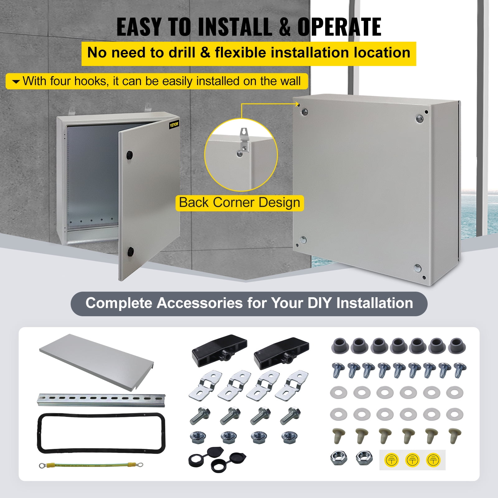 VEVOR Electrical Enclosure, 12'' x 12'' x 8'', UL Certified NEMA 4 Outdoor Enclosure, IP65 Waterproof & Dustproof Cold-Rolled Carbon Steel Hinged Junction Box for Outdoor Indoor Use, with Rain Hood