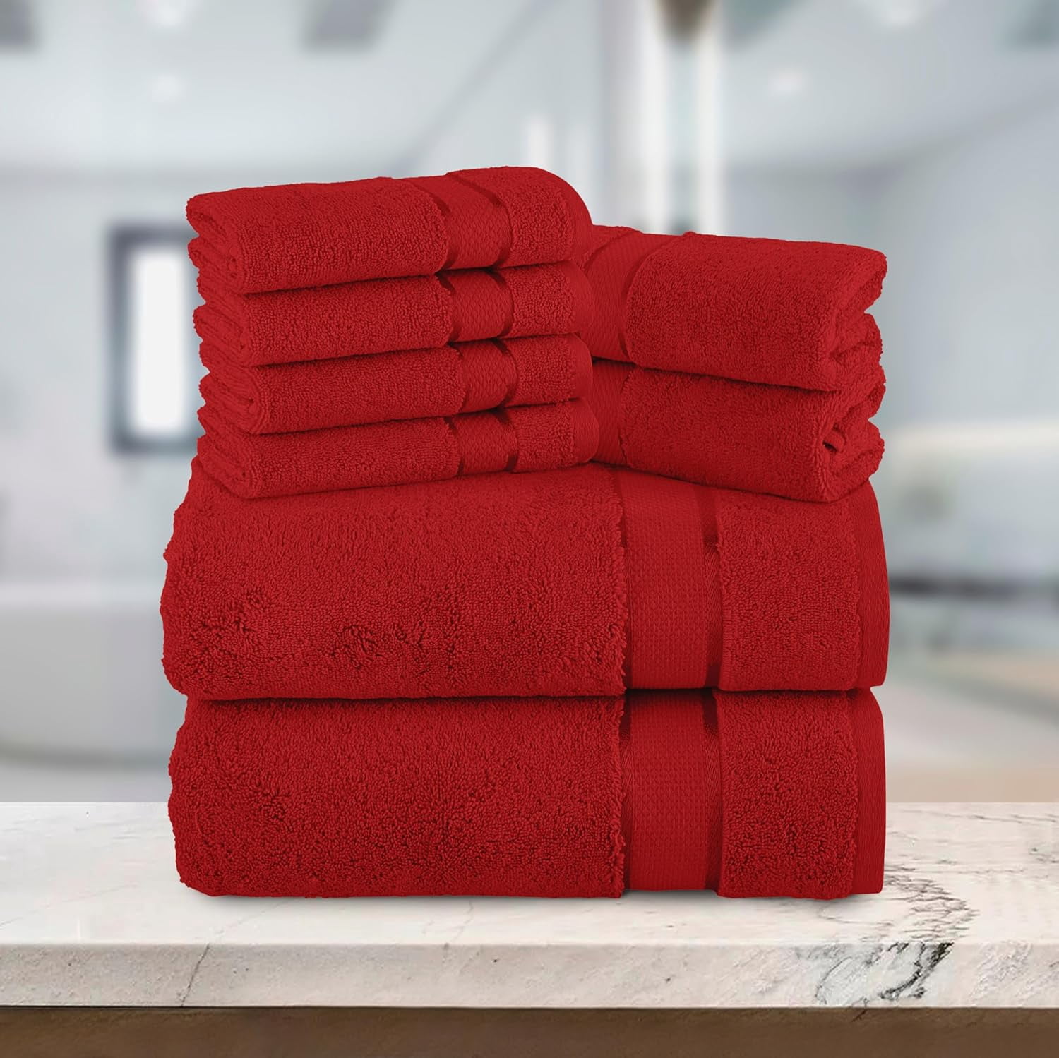 Cotton 8-Piece Towel Set, Includes 4 Washcloths, 2 Hand Towels and 2 Bath Towels, 100% Turkish Cotton - Highly Absorbent and Super Soft Towels for Bathroom, Red