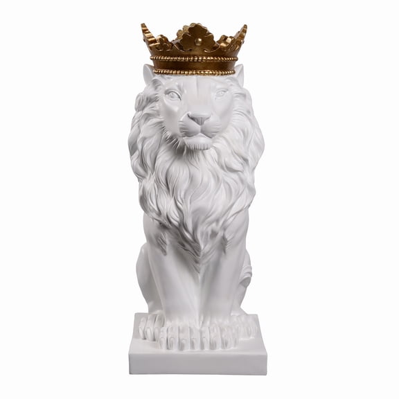 14.5" H White Sitting Lion W/ Gold Crown Resin Statue Home Decor Living Room Display