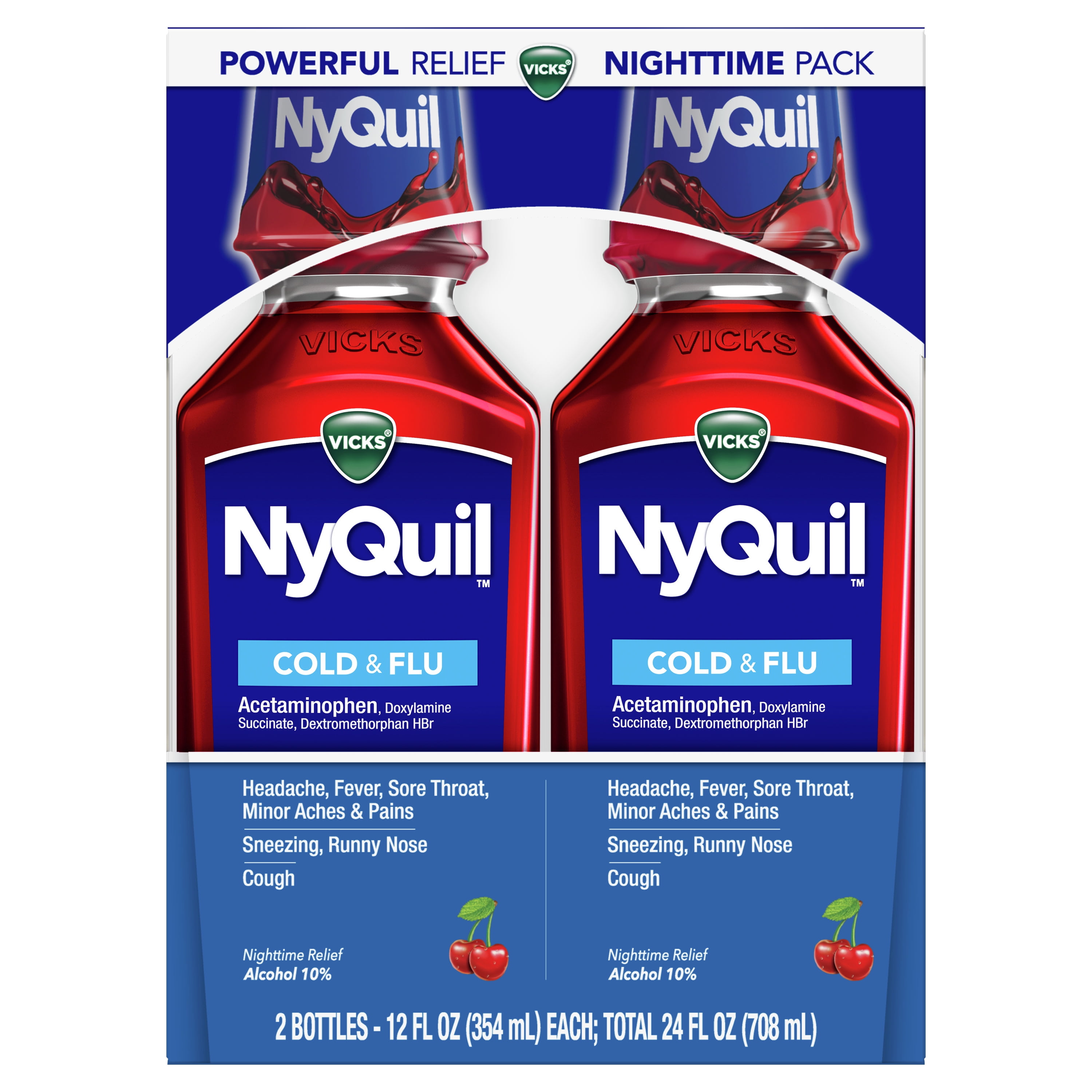 Vicks NyQuil Nighttime Cold, Cough & Flu Liquid Medicine, Over-the-Counter Medicine, Cherry, 2x12 Oz