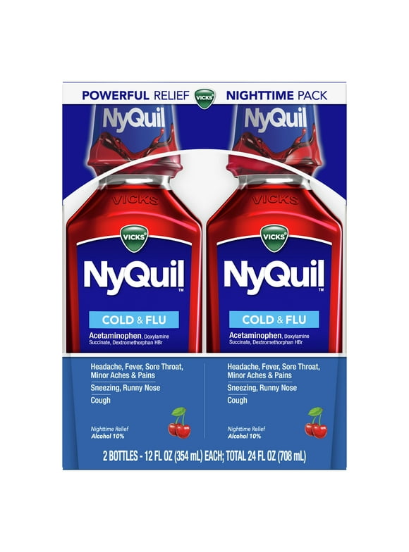Vicks NyQuil Nighttime Cold, Cough & Flu Liquid Medicine, Over-the-Counter Medicine, Cherry, 2x12 Oz