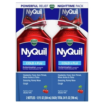 Vicks NyQuil Nighttime Cold,  & Flu Liquid Medicine, Over-the-Counter Medicine, Cherry, 2x12 Oz