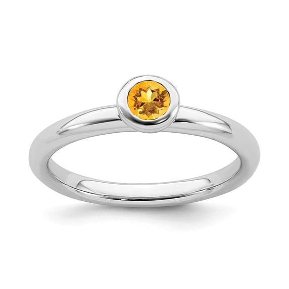 Solid 925 Sterling Silver Stackable Expressions Low 4mm Round Simulated Citrine Ring - Size 7