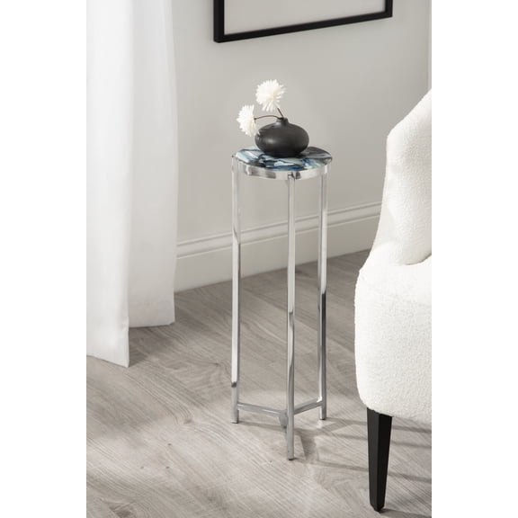 Kate and Laurel Aguilar Modern Round Drink Table, 9 x 9 x 23, Blue and Silver, Small Accent Table for Use as Plant Pedestal Stand with Agate Stone Tabletop
