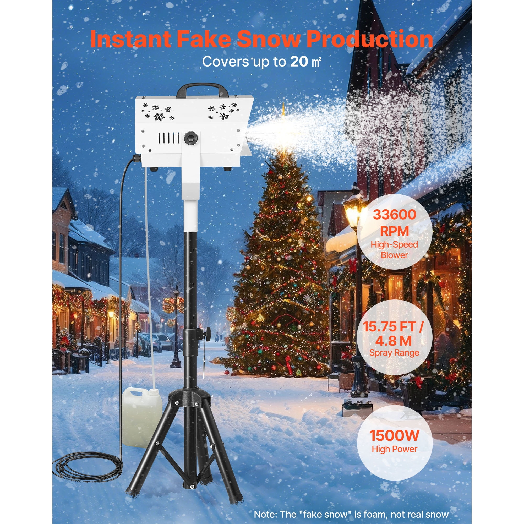 KFFKFF 1500W Snow Machine Snowflake Maker with Adjustable Stand for Holiday Parties & Events Q235 Steel PP 20.08"×23.62" White