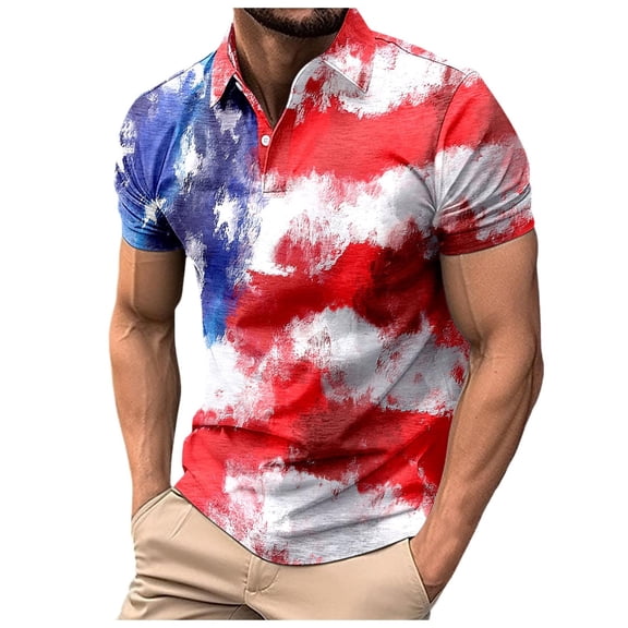 Men's T Shirts Short Sleeve Polo Tops Lapel Button Down Funny Star Flag Printed Graphic Men Shirts