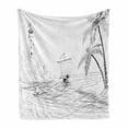 thumbnail image 1 of Beach Soft Flannel Fleece Throw Blanket, Seascape Sketch with Boat Palm Tree and Lighthouse Coastal Hand Drawn Artwork, Cozy Plush for Indoor and Outdoor Use, 60" x 80", Black and White, by Ambesonne, 1 of 6