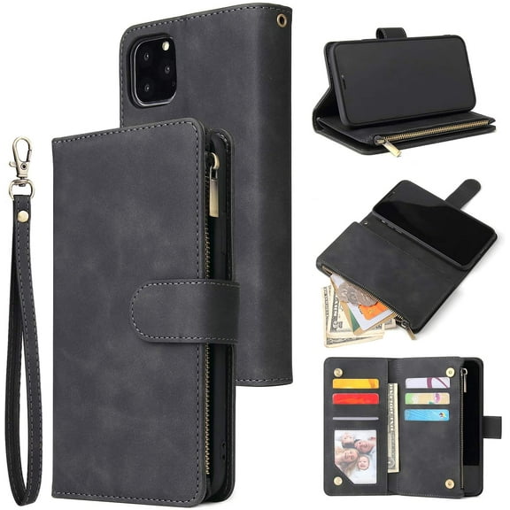 Wallet Case for iPhone 11 6.1 inch, Premium Vintage PU Leather Magnetic Closure Handbag Zipper Pocket Case Kickstand Card Slots with Wrist Strap Shockproof Flip Cover for iPhone 11 - Black