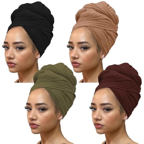 4 Pieces Solid Color Stretch Knit Head Wrap Extra Long African Head Scarf Breathable Turbans for Black Women