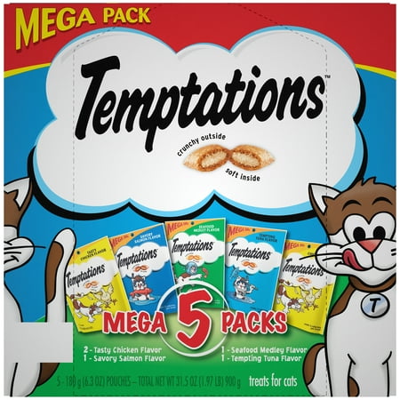 UPC: 0023100107196 | Temptations Classic Crunchy and Soft Cat Treats Feline Favorites Variety Pack (5) 6.3 oz Pouches