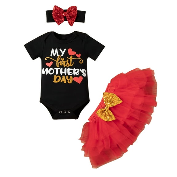 Dooleck First Mother's Day Onesies Baby Girl Tutu Skirt Headband Set Infant Bodysuit Clothing