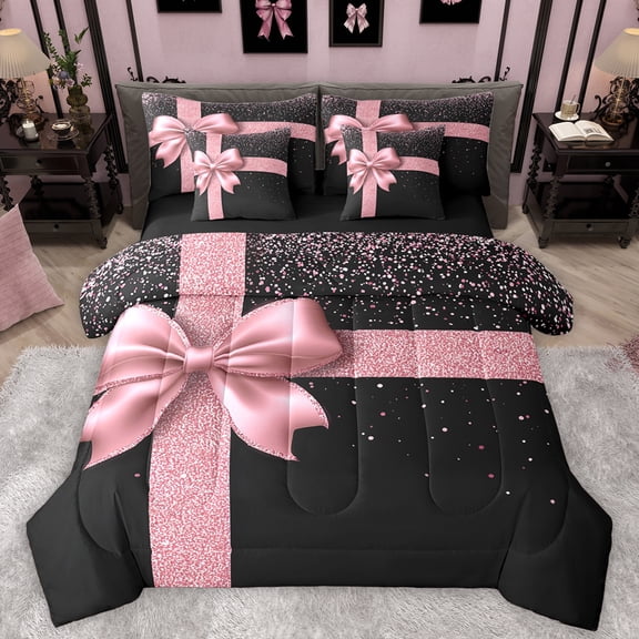 Homewish Glitter Romantic Bowknot Twin Bedding Sets 7-Piece, Black Pink Fashion Bedding Comforter Set, Couple Valentine's Day Reversible Sheet Sets, Luxury Bedroom Decor