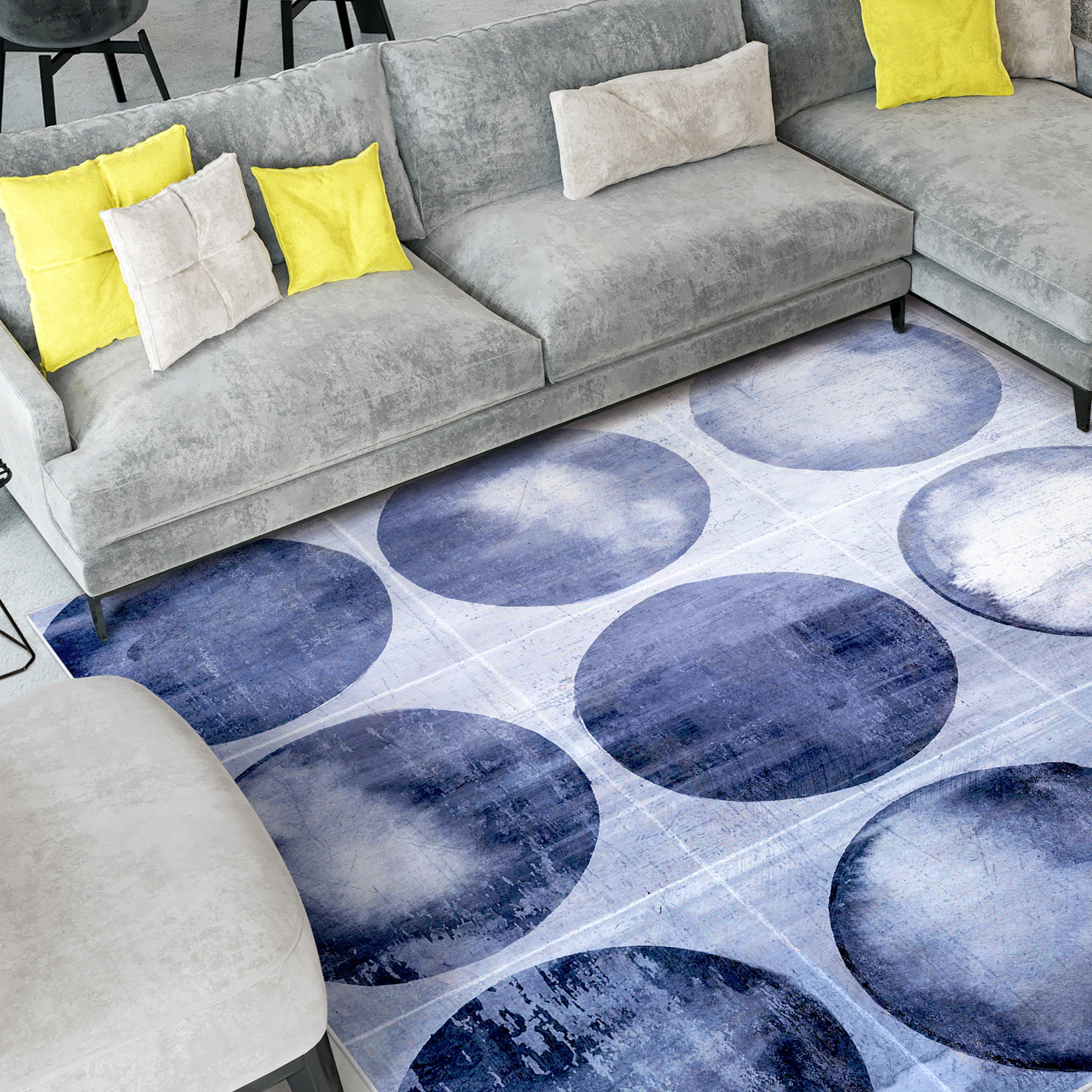 Circles of Blue I Washable Geometric Art Area Rug size 8'x10', Power-loomed, Heavenly Softness with Non-Slipping Backing