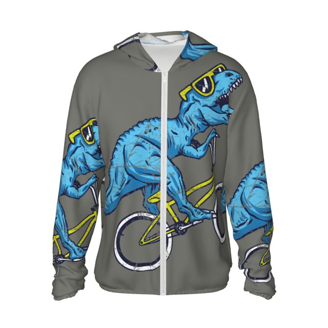Vsdgher Fun Riding Dinosaur Print Adult Hoodie Shirts Rash Guard for Men Women,Long Sleeve Sun Protection Fishing Shirts for Athletic Running Swim-Large