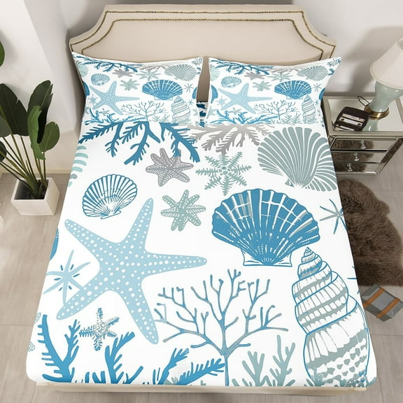 Nautical Coastal Fitted Sheet Blue Ocean Beach Twin Bed Sheets,Seashell Starfish Sheets Conch Shell Coral Bedding Set,Plain White Blue Room Decor(No Top Sheet)