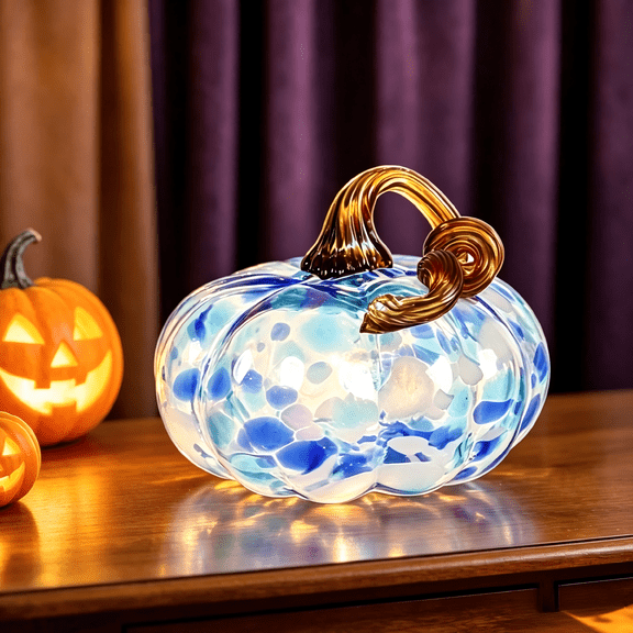 Hand-Blown Glass Pumpkin Figurine - Colorful Speckled Art Glass Ornament, Halloween Fall Thanksgiving Tabletop Centerpiece for Home & Desk Decor