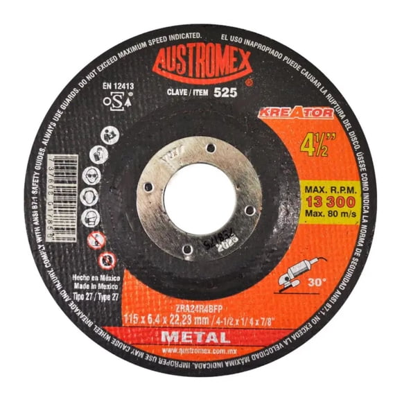 Disco Abrasivo Desbaste Acero Austromex 525 4 1/2" Oxido Aluminio-Zirconio Color Negro Esmeriladora Angular
