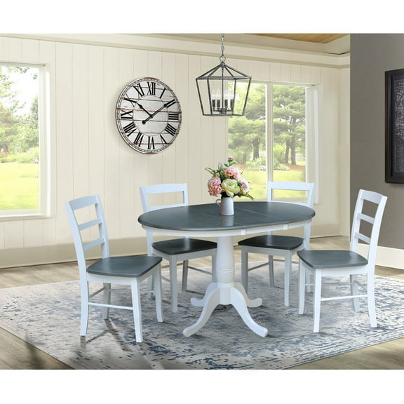 36" Round Solid Wood Extension Dining Table with 4 Madrid Ladder Back Chairs in White/Heather Gray by International Concepts