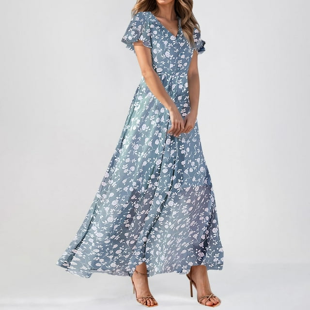 Karight Robe Longue en Mousseline à Fleurs pour Femme, Été, à Volants, Manches Courtes, Robe Maxi, Col en V, Fluide, Bohème, Plage, Fête