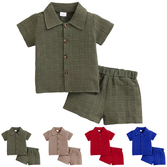 felwors Baby and Toddler Boy Outfit Set Little Boy Summer Clothes Short Sleeve Button Down Shirts Shorts Beach Vacation Outfits (9-12 Months,Army Green)