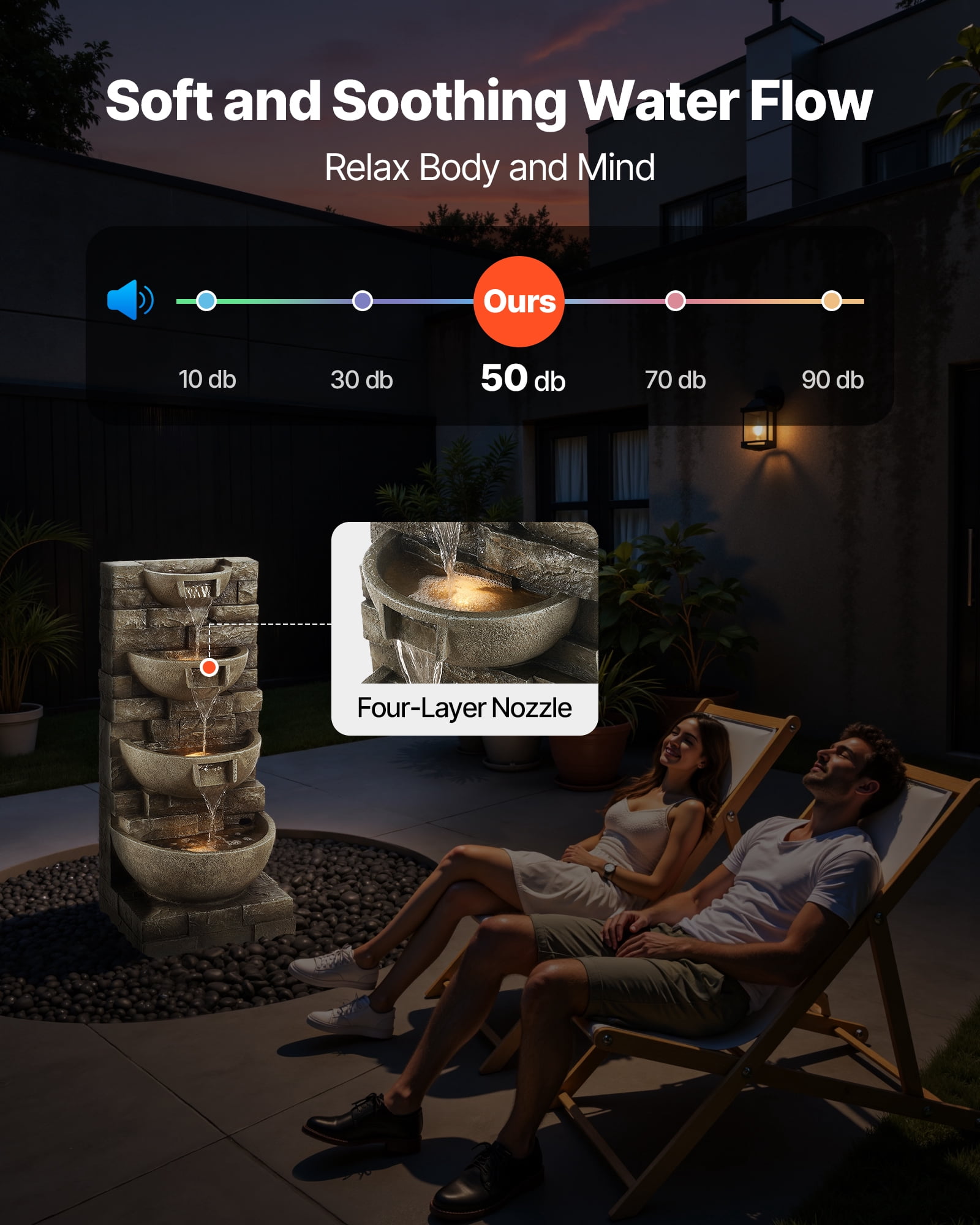 VEVOR Outdoor Water Fountain,35.63 in Height Fountain and Waterfall, 4-Tier Floor Standing Cascading Fountains with LED Light and Pump, Block Stack Style, for Outdoor Indoor Garden, Patio & Backyard