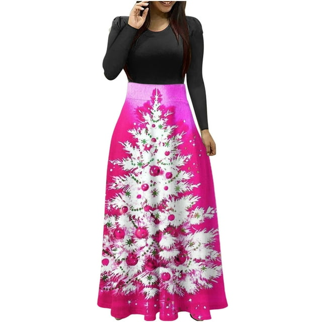 Robes pour Femmes 2022 Noël Col Rond Manches Longues Patchwork Imprimé Robe Longue Ligne A Robe Maxi Automne Dames