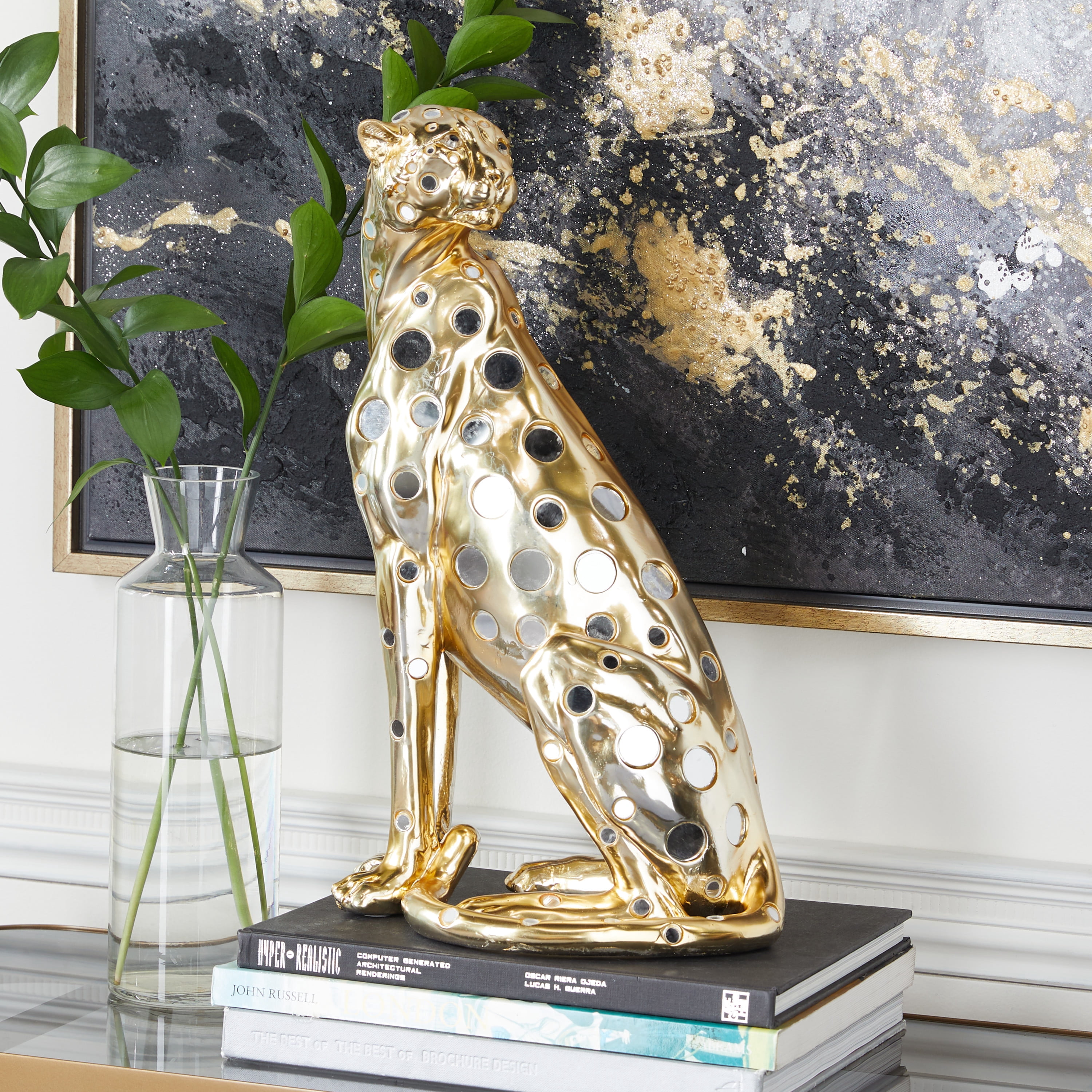 7" x 16" Gold Polystone Leopard Sculpture, by DecMode