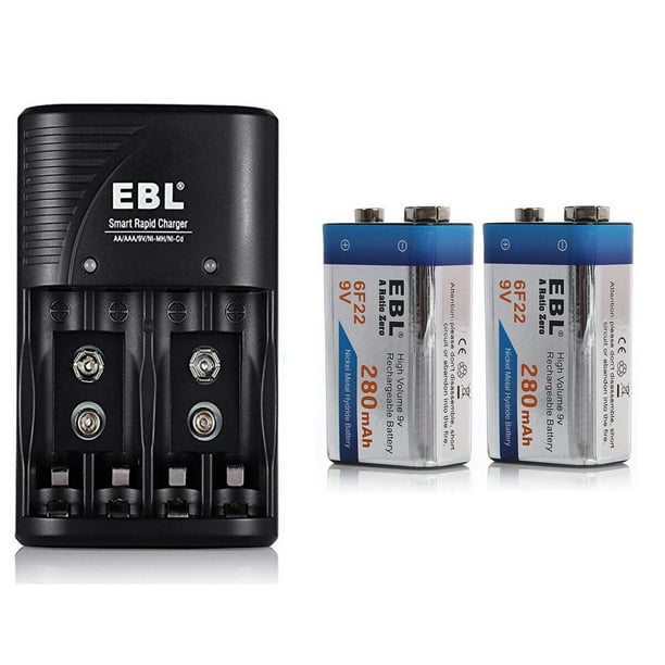 EBL 2 Pack 280mAh 9Volt NiMH Rechargeable Batteries with 2Slot 9V 6F22 9 Volt Battery Charger