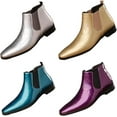 thumbnail image 3 of Men's Patent Leather Low Chunky Heel Chelsea Boots Fashion High Gloss Slip-on Business Dress Oxford Boots for Wedding Prom Party Business Work, 3 of 7