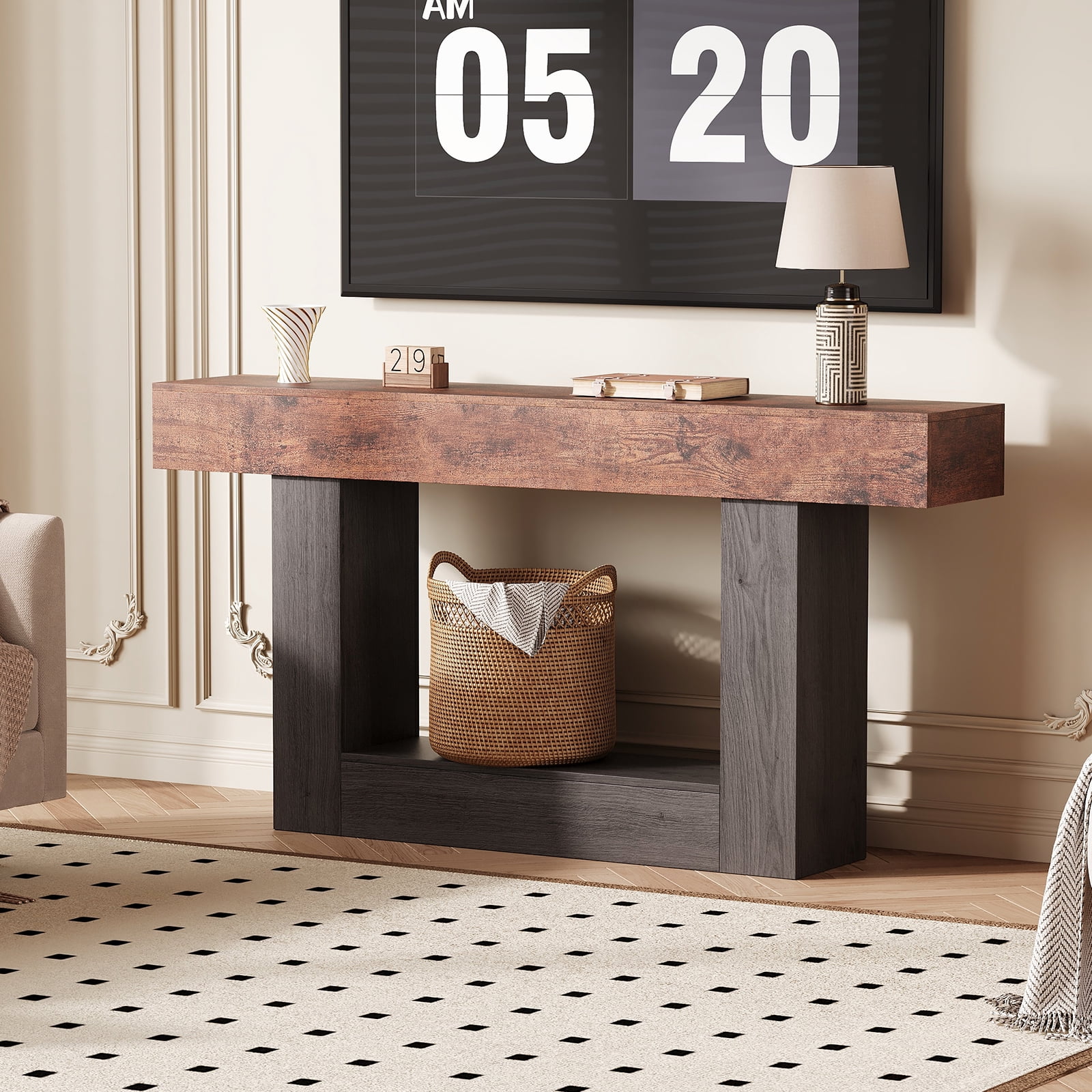 63 Inch Long Console Table with Charging Station, 2-Tier Narrow Entryway Table with USB c Ports & AC Outlets, Farmhouse Sofa Table Behind Couch for Living Room, Hallway, Rustic Brown & Gray