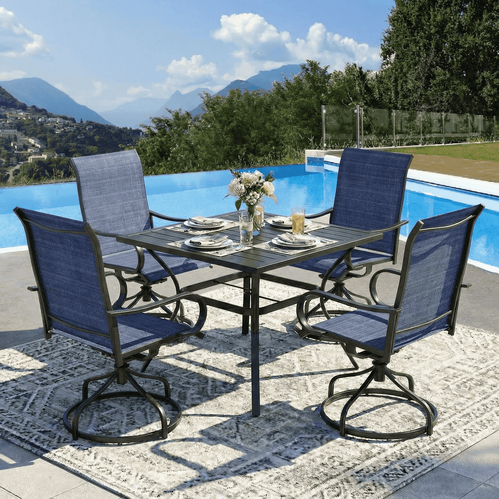 Pirecart Patio Swivel Chairs Set of 4, 360° Outdoor Dining Chairs with Steel Frame & Textilene Fabric, High Back Patio Dining Chairs with Ergonomic Armrest for Lawn, Garden, Deck, Dark Blue