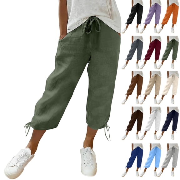 Horkkom Capris Pants for Women Summer Elastic Waist Linen Pants Loungewear Casual Loose Pants with Pockets L