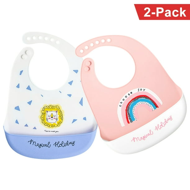 Amerteer 2 Pack Soft Silicone Feeding Bibs Waterproof Adjustable Snaps