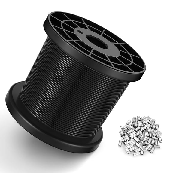 Coated Wire Rope – Black Vinyl Stainless Steel Cable with Crimping Sleeves, Ideal for String Light Hanging, Clotheslines, Trellis, and Picture Hanging