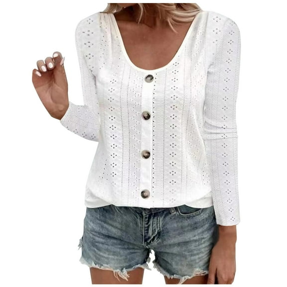 STETMN Women's Scoop Neck Tops Loose Eyelet Button Down Shirt Fall Solid Casual T-Shirt
